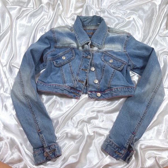 Younique Jackets & Blazers - y2k Denim Jacket Blue Excellent Younique Cropped Frayed Hem Medium Wash Trucker